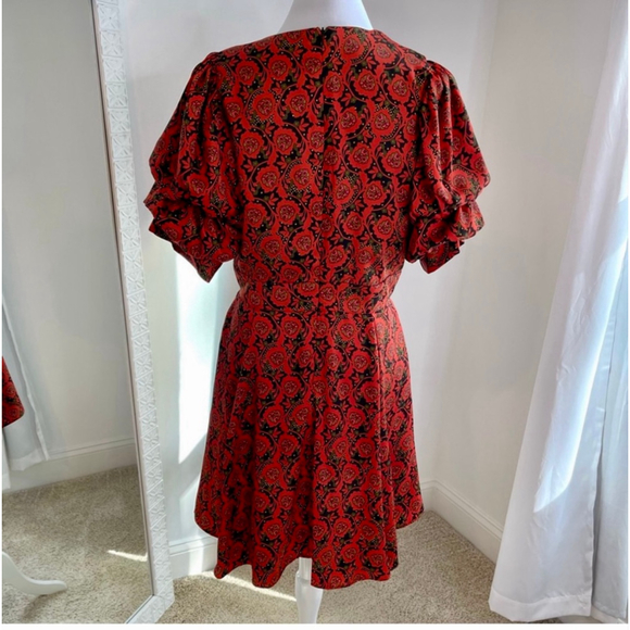 1 State Blooms Print Puff Sleeve V-Neck Fit & Flare Dress Wine Red L - Picture 5 of 13